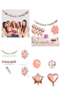 Rose gold bachelorette party set with banner, balloons and bride to be sash decorations