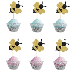 Décorations de cupcakes abeilles pailletées pour fête prénatale en or et noir brillant
