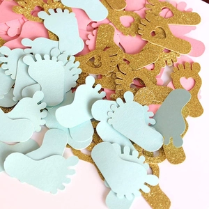 Pink blue and gold glitter baby footprint paper confetti for gender reveal party decor