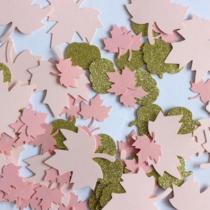 Pink and gold glitter maple leaf and pumpkin paper confetti for Thanksgiving party table decor