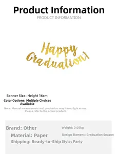 Détail de la bannière Happy Graduation en papier doré de 16cm avec dimensions