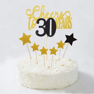 Cheers to 30 Years taarttopper set in zwart en goud met glinsterende sterren