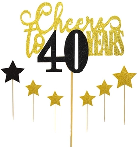 Zwart en goud glitter taarttopper set voor 40e verjaardag met sterren decoratie