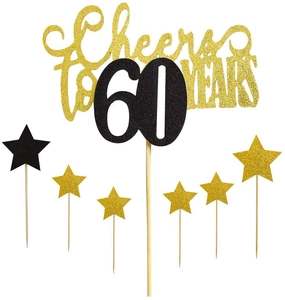 Zwart en goud glitter cake topper set voor 60ste verjaardag met ster decoratie