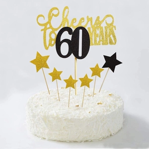 Detail van glitter Cheers to 60 Years taarttopper set met zwarte en gouden sterren