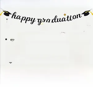 Detail of happy graduation glitter banner with graduation cap and diploma scroll elements