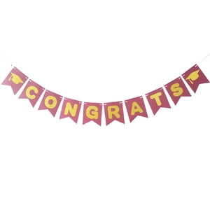 Maroon Congrats graduation banner with gold glitter letters and doctoral cap icons