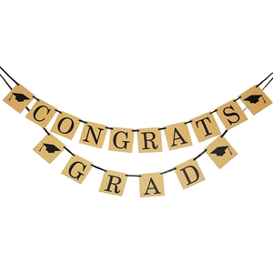 Retro kraft paper graduation banner with black Congrats Grad letters and a mortarboard icon