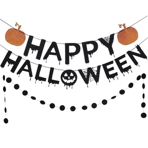 Halloween Hanging Banner Set With Bloody Letters And Glitter Orange Pumpkins Paper Garland For Party Background Decor
