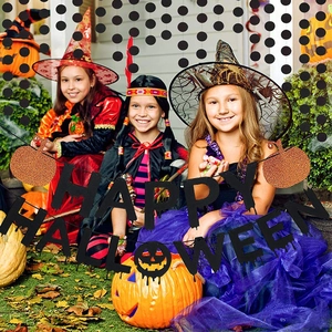 Halloween Happy Halloween banner with blood-drip font and orange glitter pumpkins
