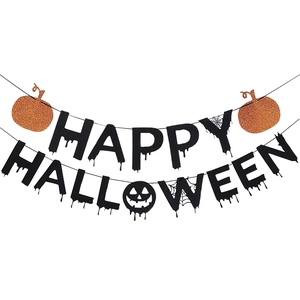 Black glittery Happy Halloween banner with orange pumpkins for party wall decor