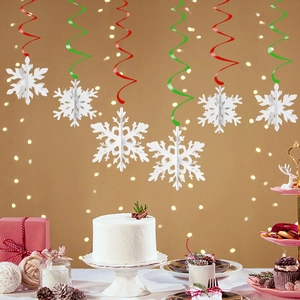 3D white snowflake swirl decorations with red and green hanging spirals for Christmas decor