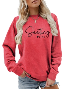 Close-up of red Skating Life heart print sweatshirt with ribbed cuffs and crew neck
