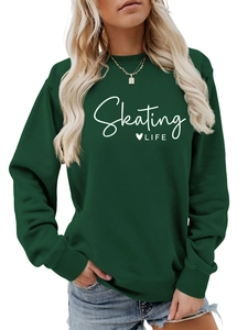 Detail of deep green cotton sweatshirt featuring Skating Life print and ribbed cuffs