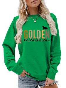 Close-up of Golden Mama print on green long sleeve cotton sweatshirt with ribbed cuffs