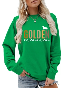 Detail of green round neck sweatshirt featuring GOLDEN mama text and golden retriever silhouette
