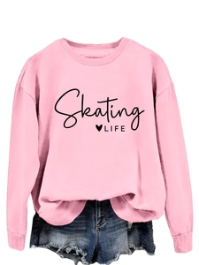 Pink crewneck sweatshirt featuring Skating LIFE heart graphic and denim shorts detail