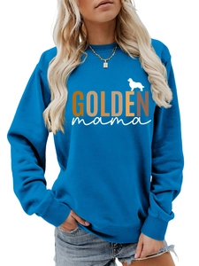Close-up of Golden Mama golden retriever print on blue long sleeve cotton sweatshirt