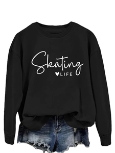 Detail of Skating Life heart print on a black crewneck sweatshirt with a casual fit