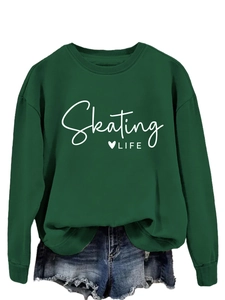 Detail of dark green sweatshirt with Skating LIFE print and ribbed cuffs for women