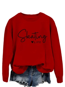 Close-up of red Skating LIFE printed sweatshirt with ribbed collar and cotton texture