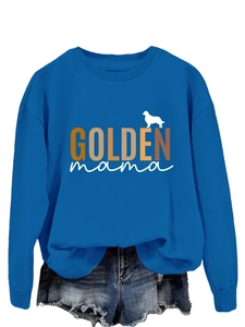 Detail of royal blue long sleeve sweatshirt with GOLDEN mama print and dog silhouette