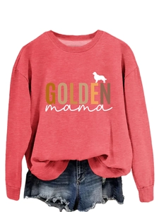 Detail of coral pink long sleeve sweatshirt with Golden mama and retriever print