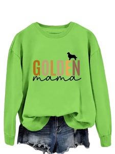 Detail of neon green Golden Mama sweatshirt with rib-knit cuffs and pet silhouette