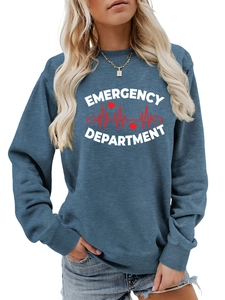 Detail of navy crewneck sweatshirt with Emergency Department print and ribbed cuffs