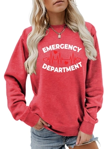 Detail of red crewneck sweatshirt with Emergency Department lettering and heart rhythm art
