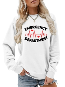 Close-up of Emergency Department print with red heart rate line on white sweatshirt