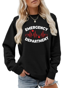 Detail showing Emergency Department print and rib-knit cuffs on black crewneck pullover