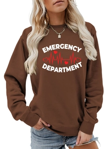 Detail of Emergency Department print with red heart rate line on brown sweatshirt