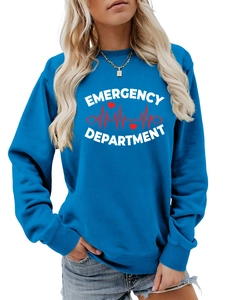Close-up of royal blue crewneck sweatshirt with white Emergency Department print