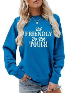 Detail of blue crewneck sweatshirt featuring white Not Friendly Do Not Touch printed text