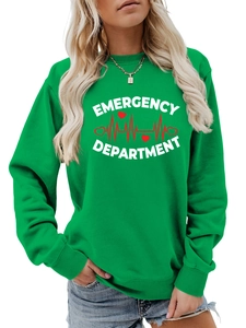 Close-up of green sweatshirt with Emergency Department print and red heart rate monitor