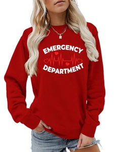 Detail of red crewneck sweatshirt featuring Emergency Department print and heart rhythm