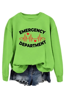 Detail of Emergency Department print with heartbeat graphic on green sweatshirt