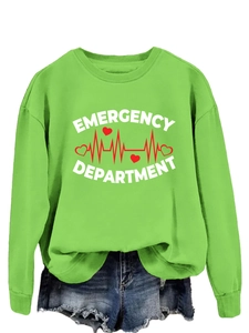 Detail of emergency department print and heartbeat line on neon green sweatshirt
