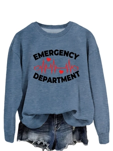 Blue crewneck sweatshirt with Emergency Department print and heart rate graphic