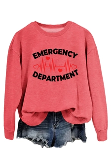 Detail of coral pink sweatshirt with Emergency Department print and heartbeat graphic