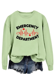 Detail of light green Emergency Department sweatshirt with ribbed cuffs and crew neck style