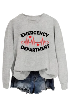 Detail of grey crewneck sweatshirt with Emergency Department print and EKG pattern