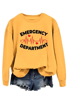 Detail of orange sweatshirt with Emergency Department print and ribbed cuffs