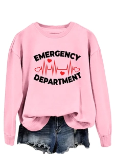 Pink crewneck sweatshirt with Emergency Department print and red heart rate graphic