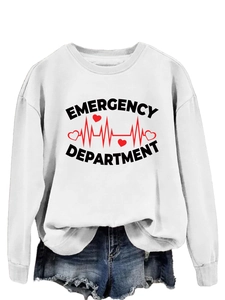Detail of white crewneck sweatshirt with Emergency Department print and denim shorts