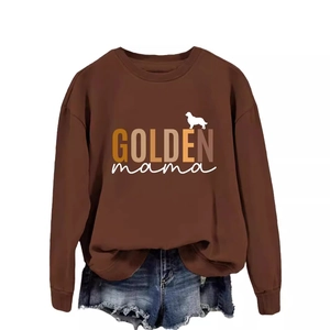 Relaxed brown GOLDEN mama sweatshirt with golden retriever print and denim shorts set