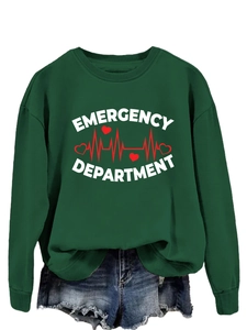 Close-up of Emergency Department print on dark green crewneck sweatshirt with heart icon