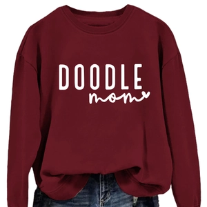 Burgundy round neck long sleeve sweatshirt with white Doodle Mom heart print