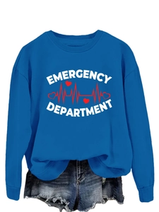 Detail of royal blue crewneck sweatshirt with emergency department print and ribbed cuffs